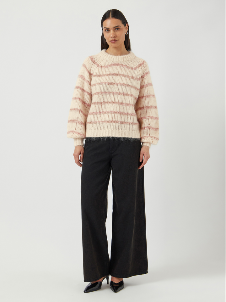 Beige wollen gebreide trui met roze strepen Yaschima Y.A.S