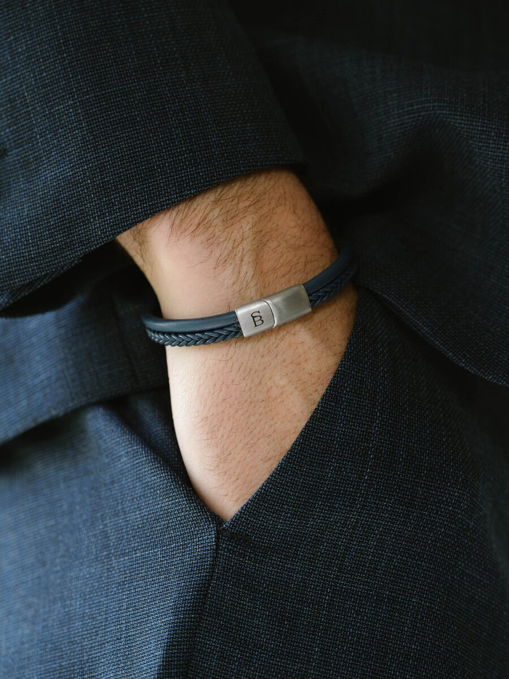 Blauwe lederen aramband Denby Steel And Barret 