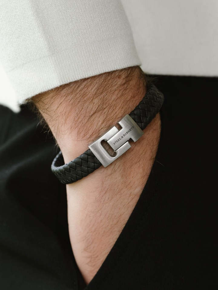 Black silver lederen amband Harrison Steel And Barnett