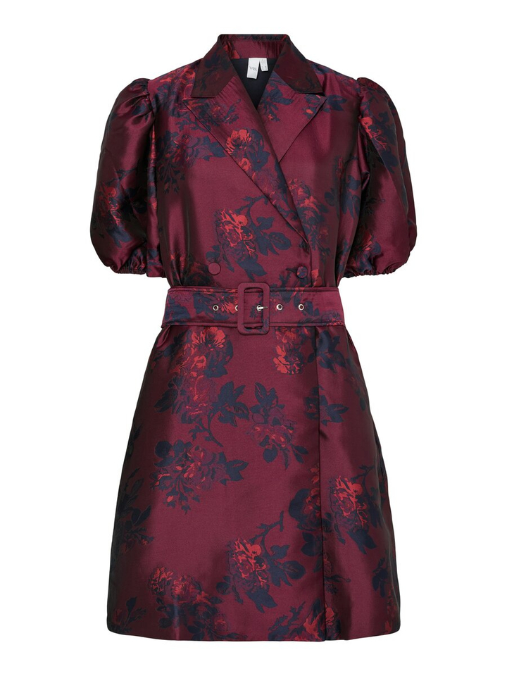 Bordeaux jurk met pofmouwen en blauwe bloemenprint Yasanki Y.A.S 
