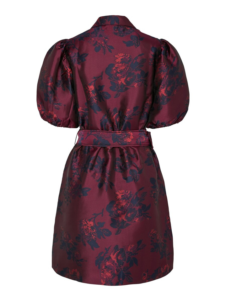 Bordeaux jurk met pofmouwen en blauwe bloemenprint Yasanki Y.A.S 