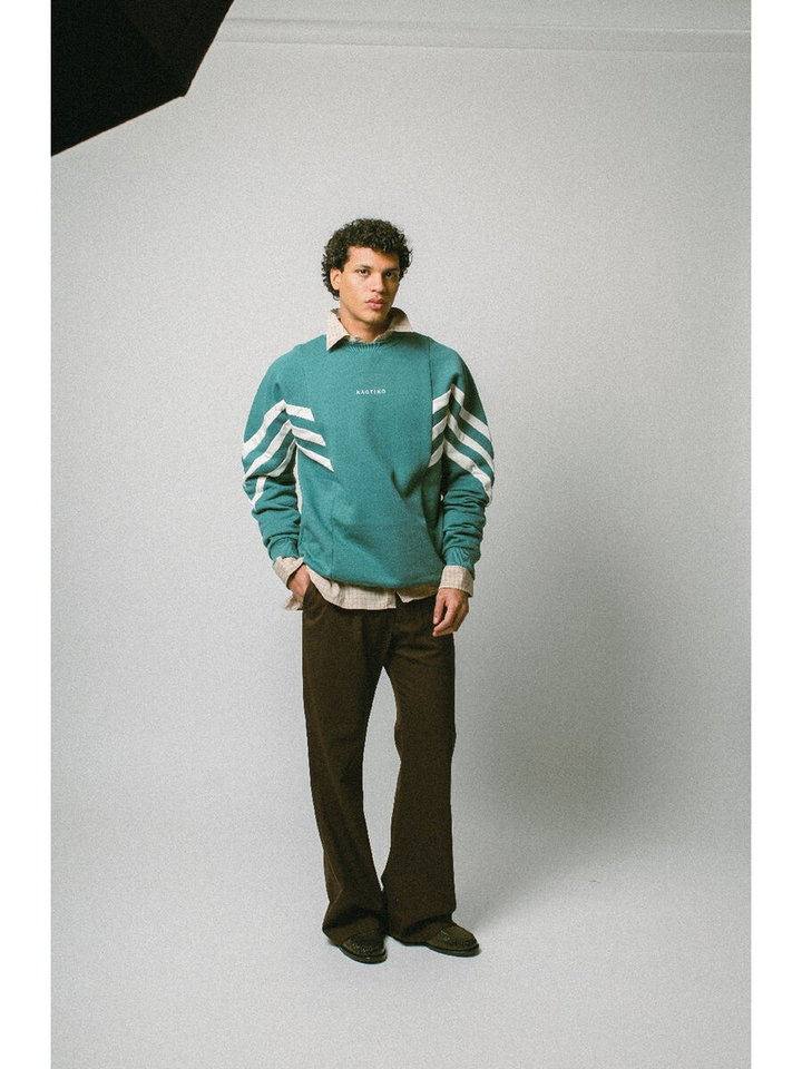 Groene sweater met ecru strepen en logo Chad Kaotiko