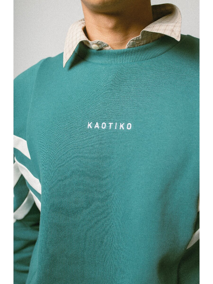 Groene sweater met ecru strepen en logo Chad Kaotiko