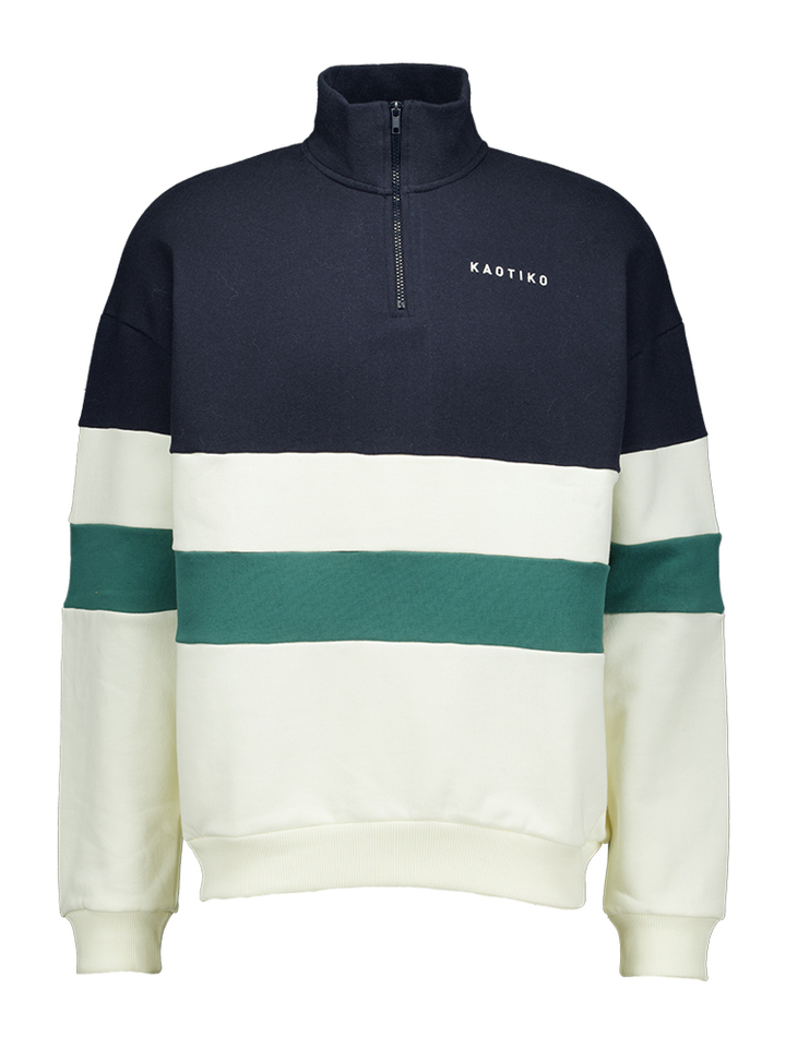 Blauw sweater met ecru en groene streep en logo Carter Kaotiko