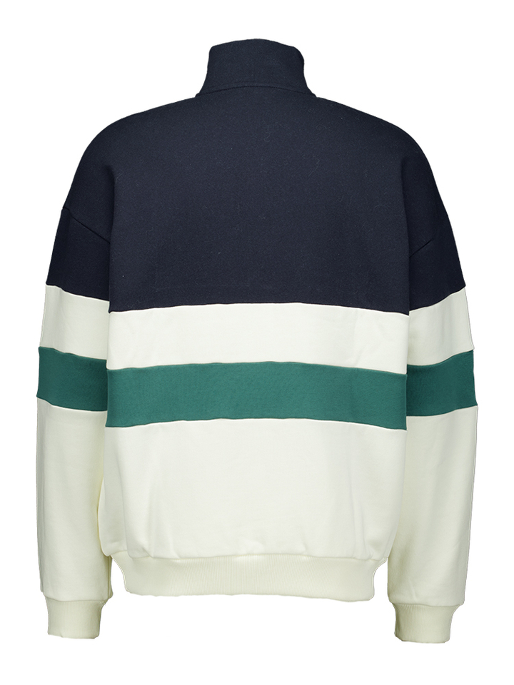 Blauw sweater met ecru en groene streep en logo Carter Kaotiko
