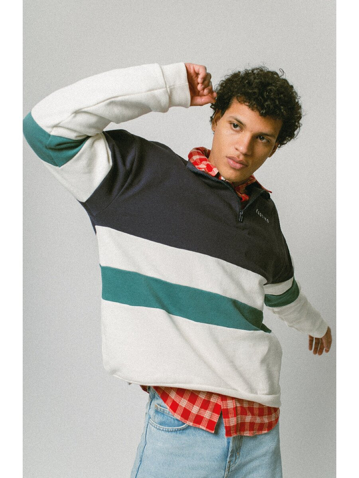 Blauw sweater met ecru en groene streep en logo Carter Kaotiko