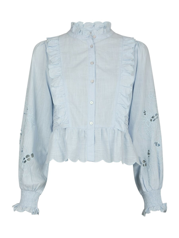 Blauwe bloes met broderie en ruches Petrine Neo Noir