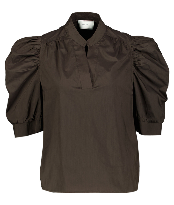 Donkerbruine blouse met pofmouw Roella Neo Noir 