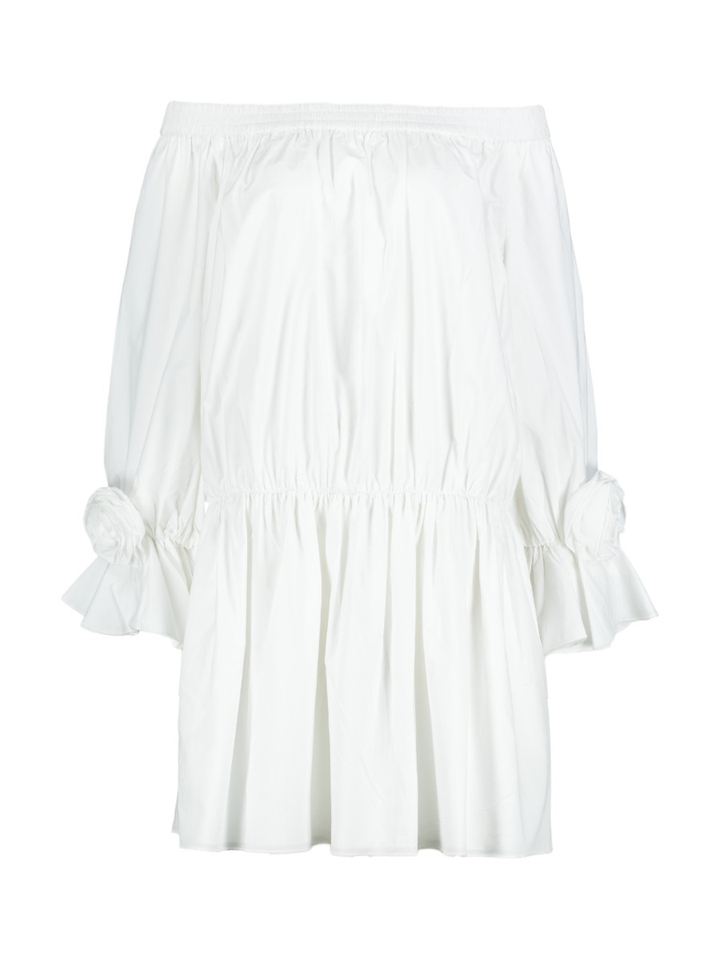 Witte, strapless katoenen mini-jurk met rozetdetails