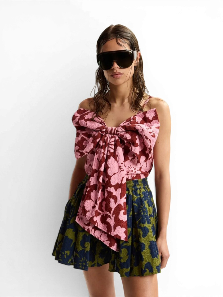 Katoenen top met bloemenprint in roze en donkerrood, met strikdetail Jogs Essentiel