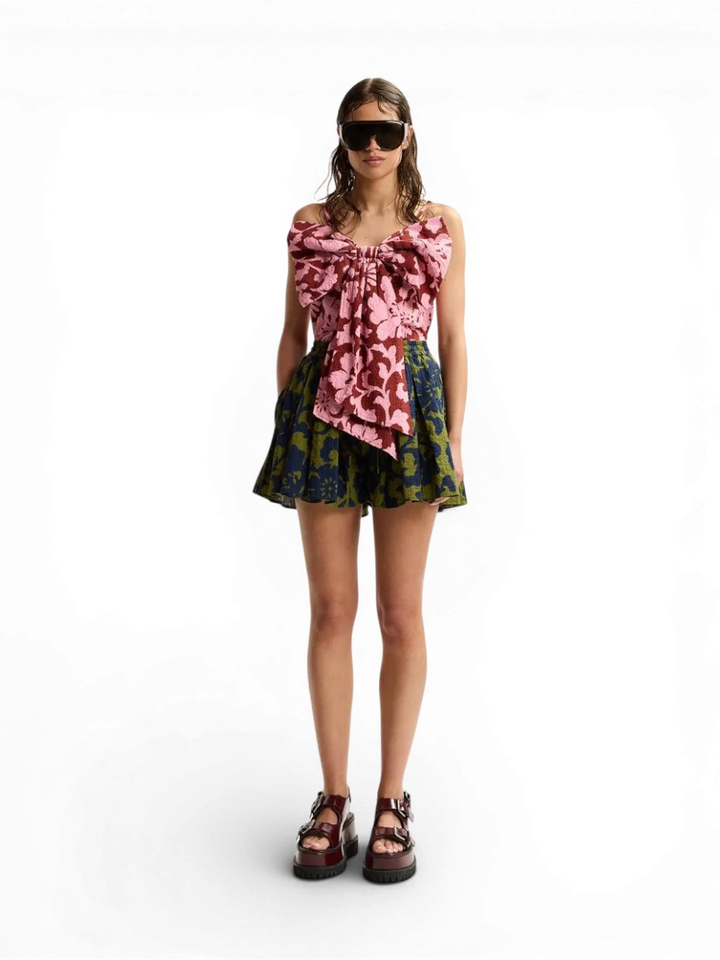 Katoenen top met bloemenprint in roze en donkerrood, met strikdetail Jogs Essentiel