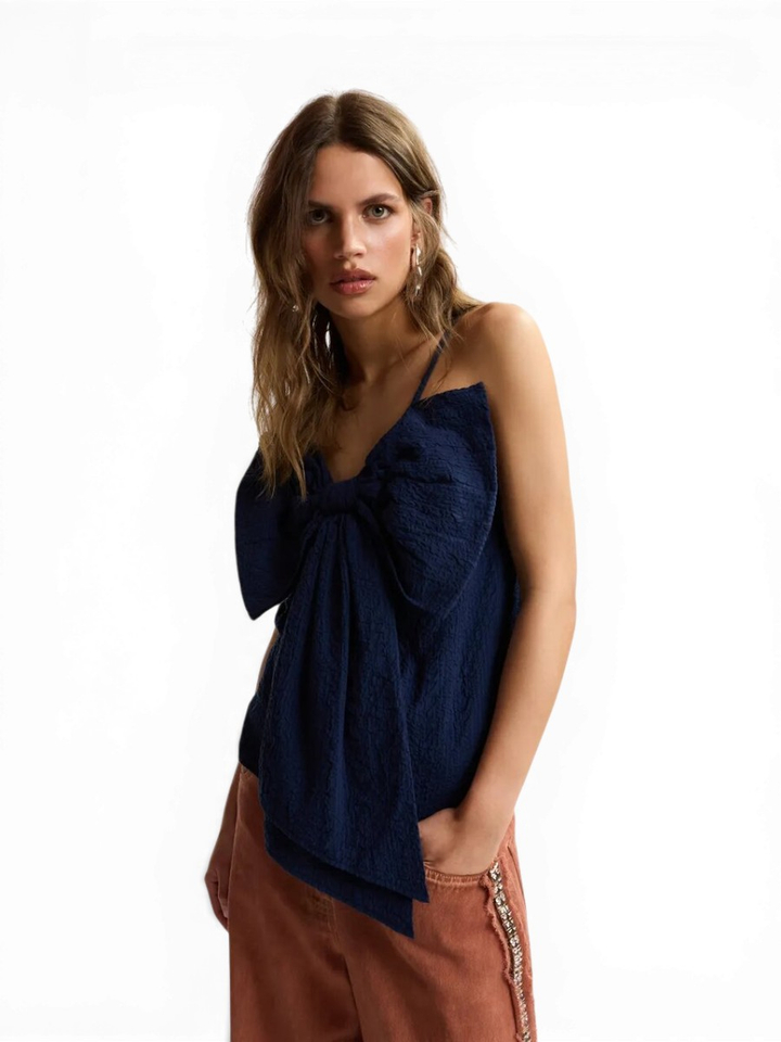 Donkerblauwe katoenen top met strikdetail Jogs Essentiel