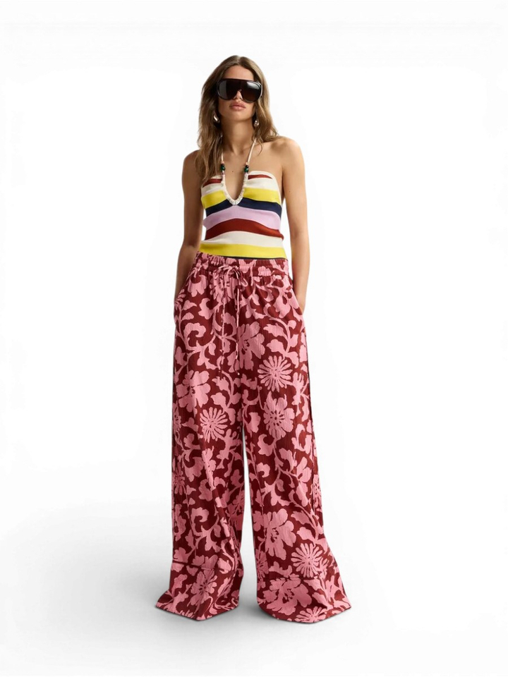 Roze en donkerrode wijde broek met constraststiksels Jomery Essentiel 