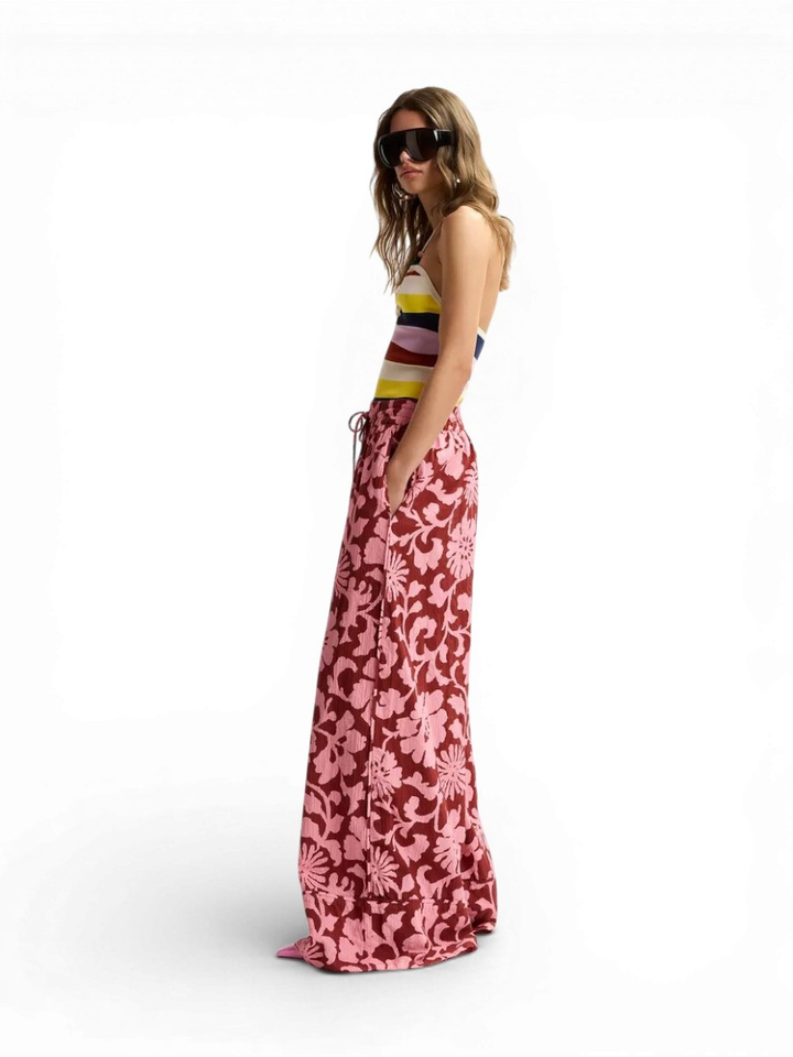 Roze en donkerrode wijde broek met constraststiksels Jomery Essentiel 