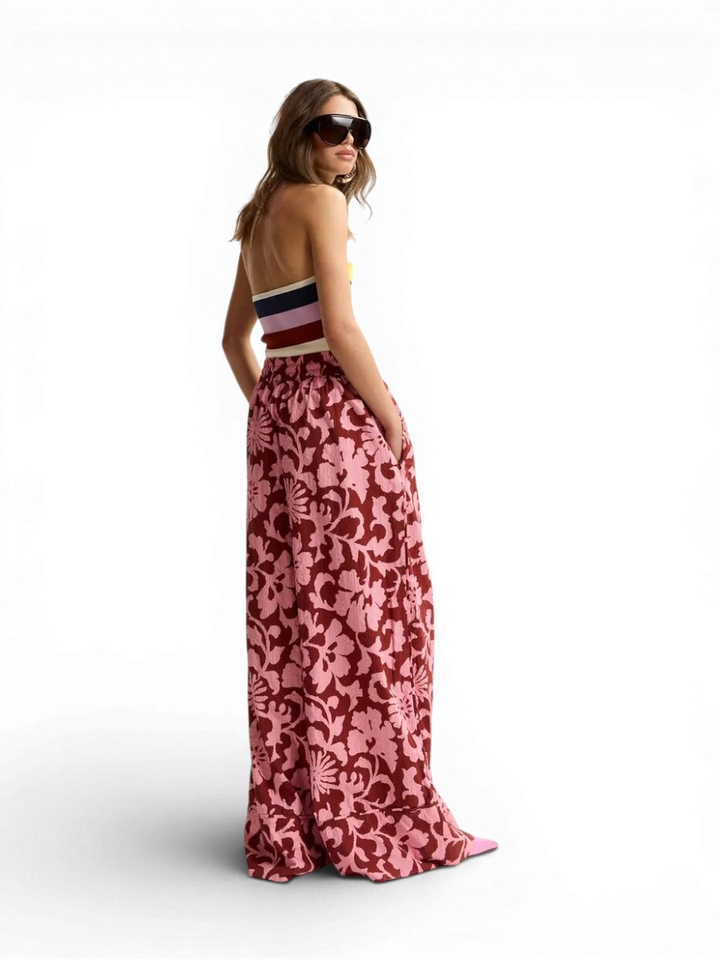 Roze en donkerrode wijde broek met constraststiksels Jomery Essentiel 