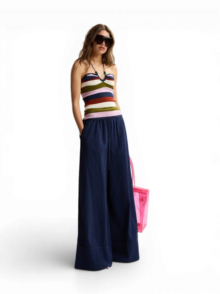 Donkerblauwe wijde broek met contraststiksels Jomery Essentiel 