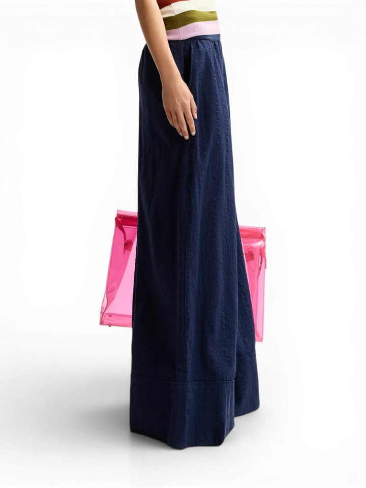 Donkerblauwe wijde broek met contraststiksels Jomery Essentiel 