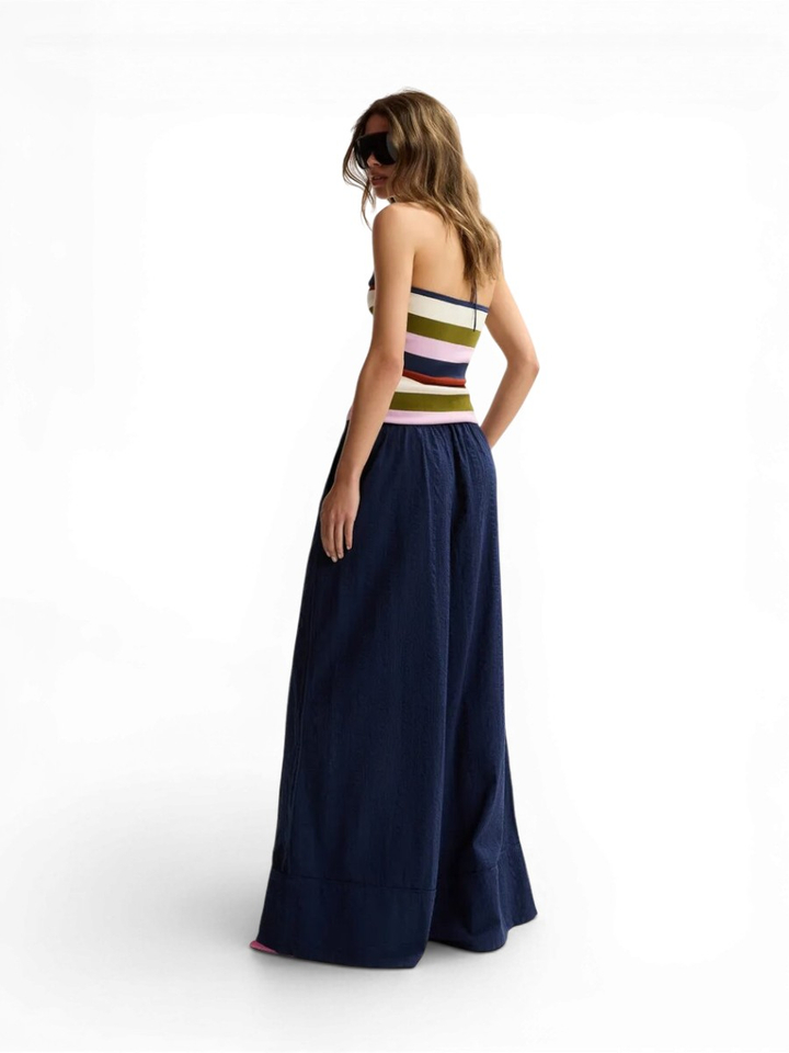 Donkerblauwe wijde broek met contraststiksels Jomery Essentiel 