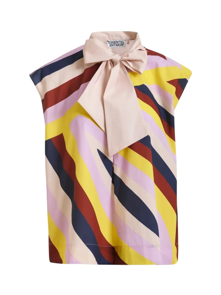 Créme en veelkleurige grafische mouwloze blouse met strikkraag Jopjop Essentiel 