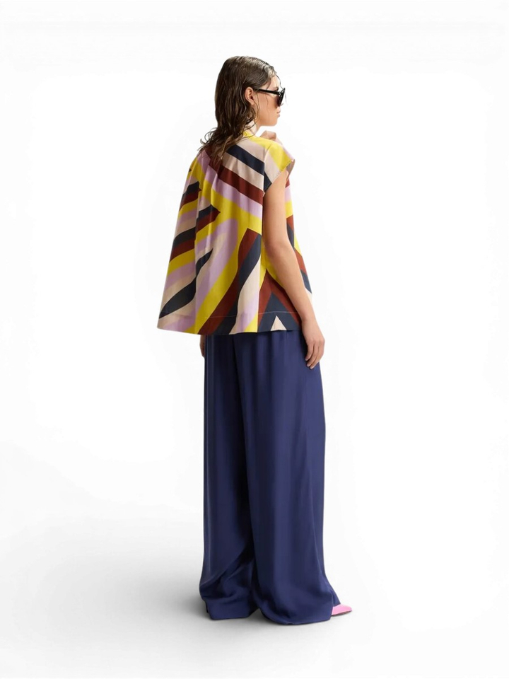 Créme en veelkleurige grafische mouwloze blouse met strikkraag Jopjop Essentiel 
