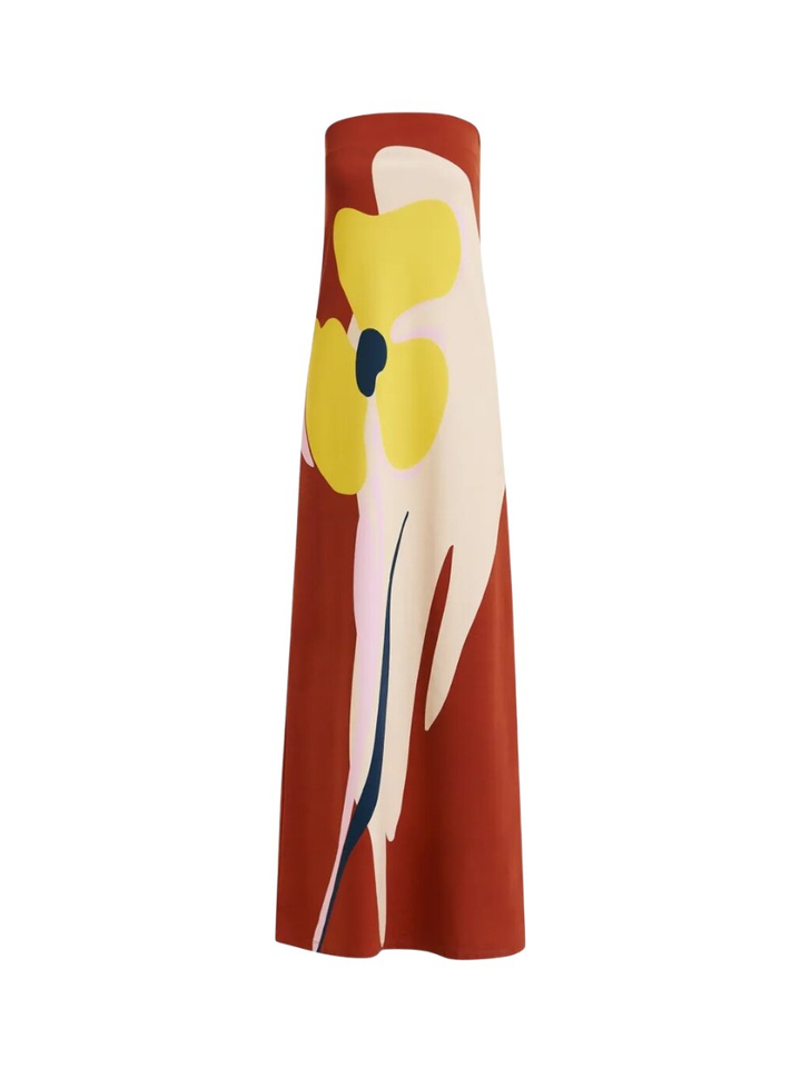 Roestbruine, crème en gele strapless maxi-jurk met oversized bloemenprint Jannick Essentiel 