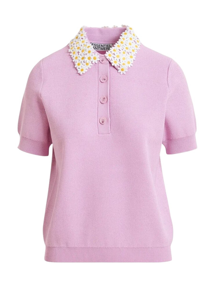 Lila fijngebreide polo met witte en gele bloemenkraag Jember Essentiel 