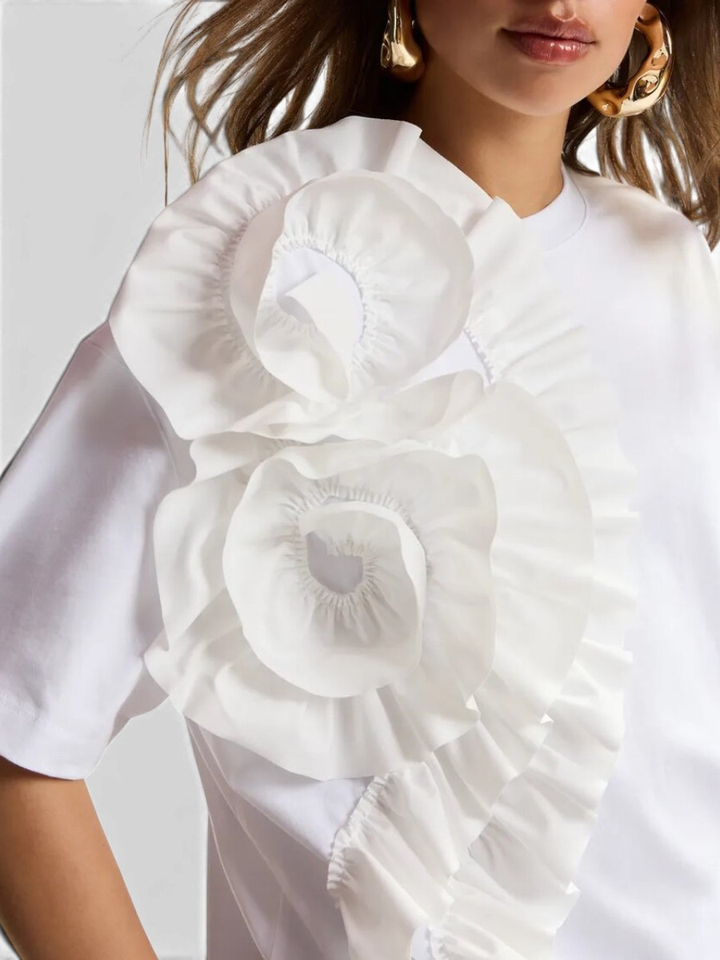 Wit katoenen t-shirt met oversized bloem Jidole Essentiel 