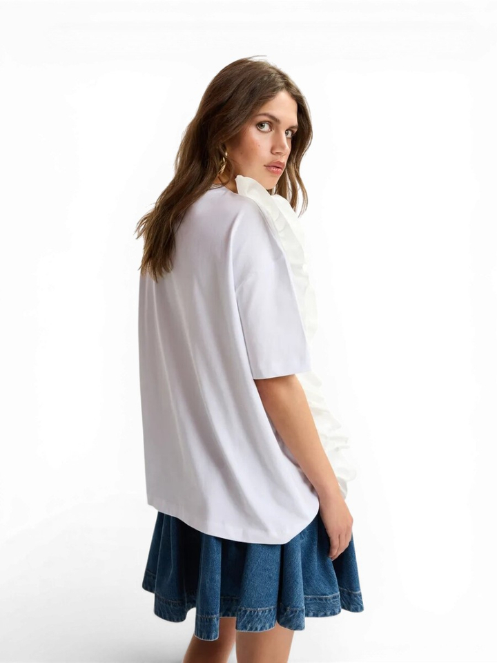 Wit katoenen t-shirt met oversized bloem Jidole Essentiel 