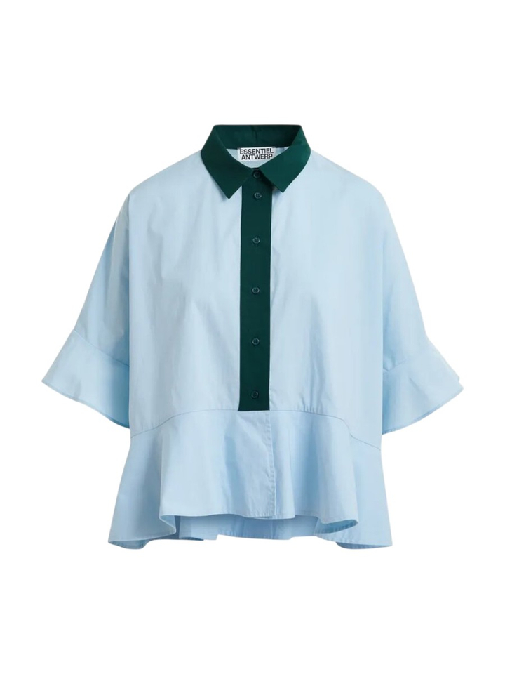 Blauwe katoenen bloes met groene kraag Kaylee Essentiel