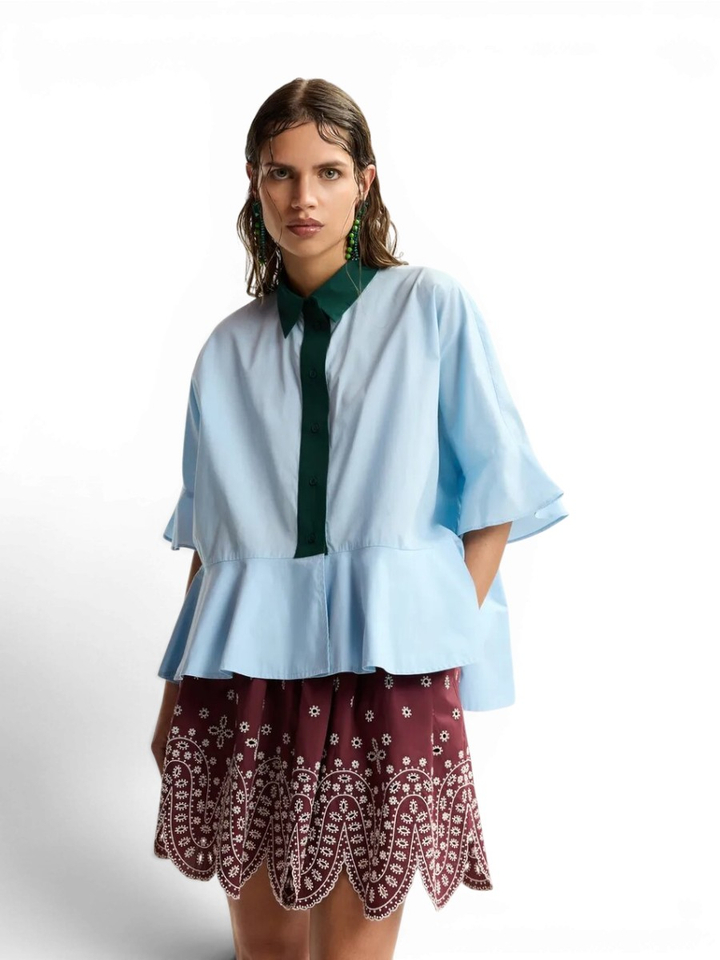 Blauwe katoenen bloes met groene kraag Kaylee Essentiel