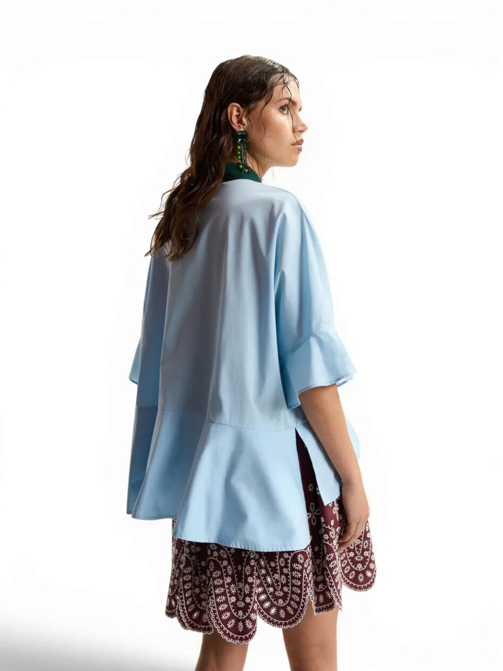 Blauwe katoenen bloes met groene kraag Kaylee Essentiel