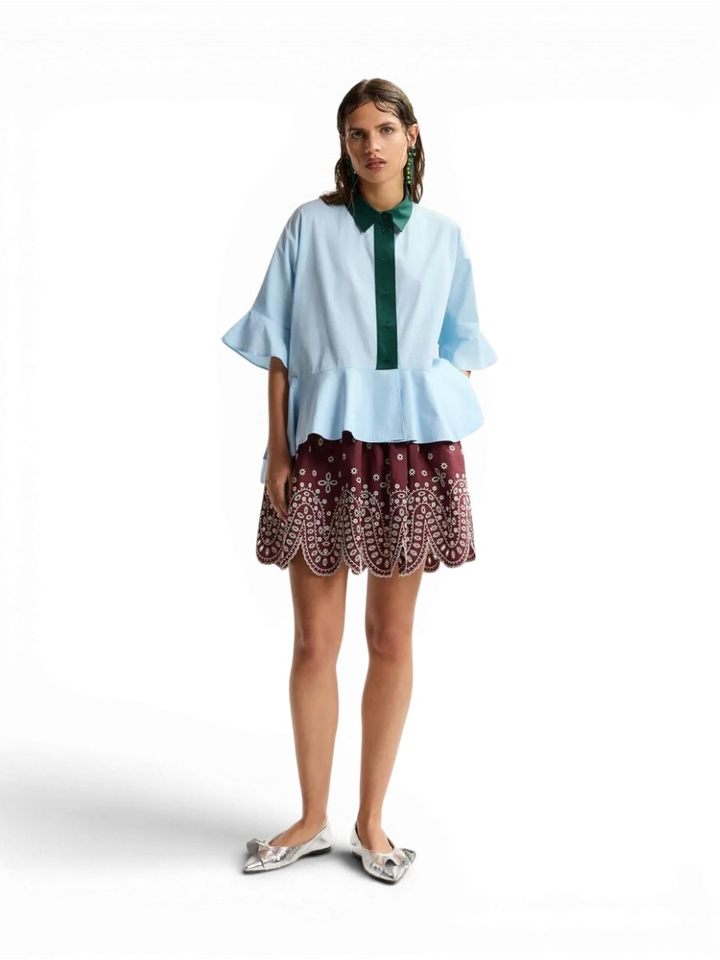 Blauwe katoenen bloes met groene kraag Kaylee Essentiel