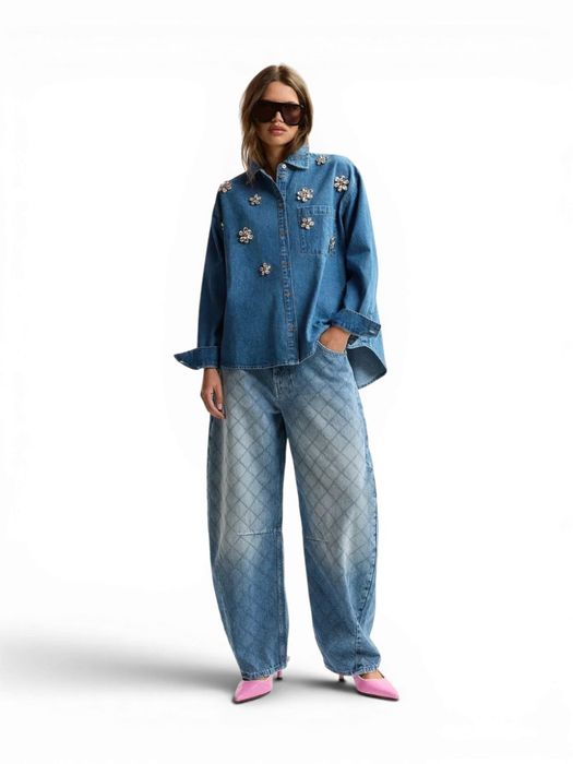 Blauwe katoenen jeans met barrelpijp en sierstiksels Katsu Essentiel