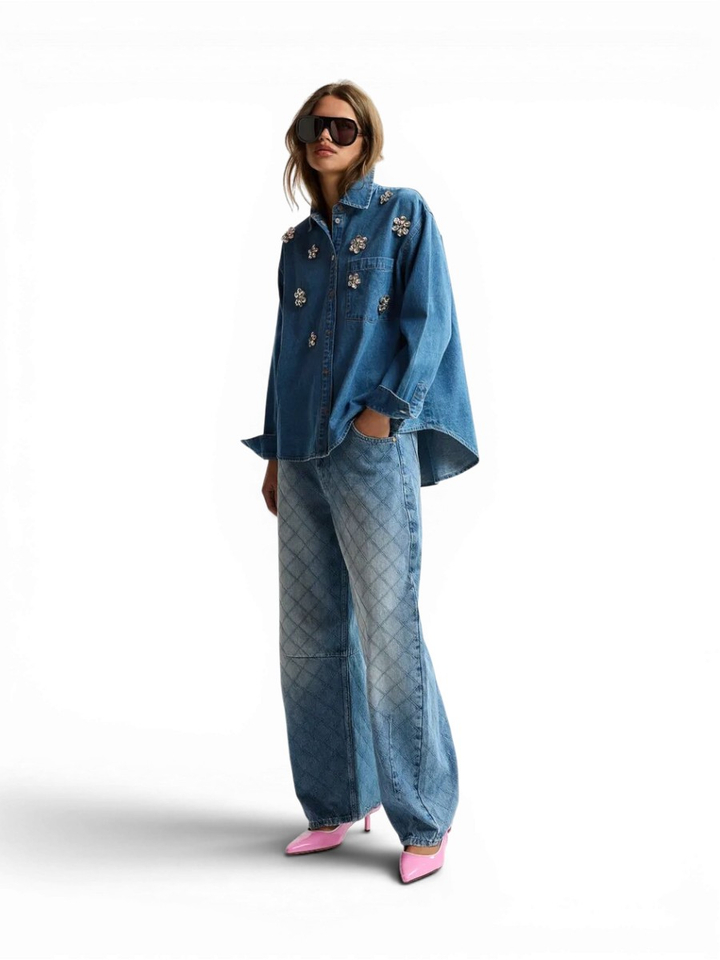 Blauwe katoenen jeans met barrelpijp en sierstiksels Katsu Essentiel 