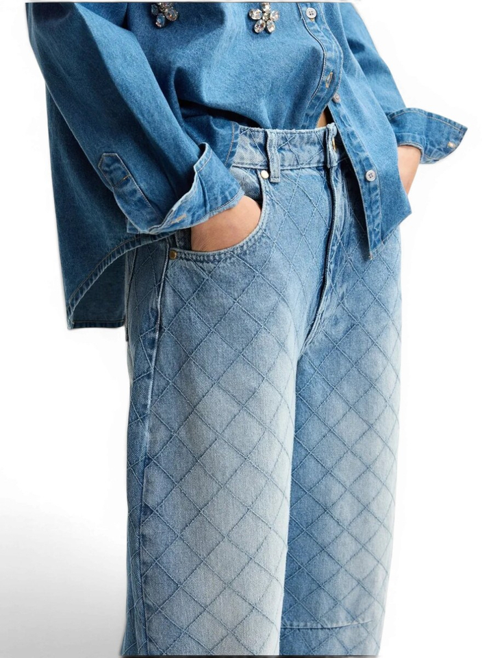 Blauwe katoenen jeans met barrelpijp en sierstiksels Katsu Essentiel 