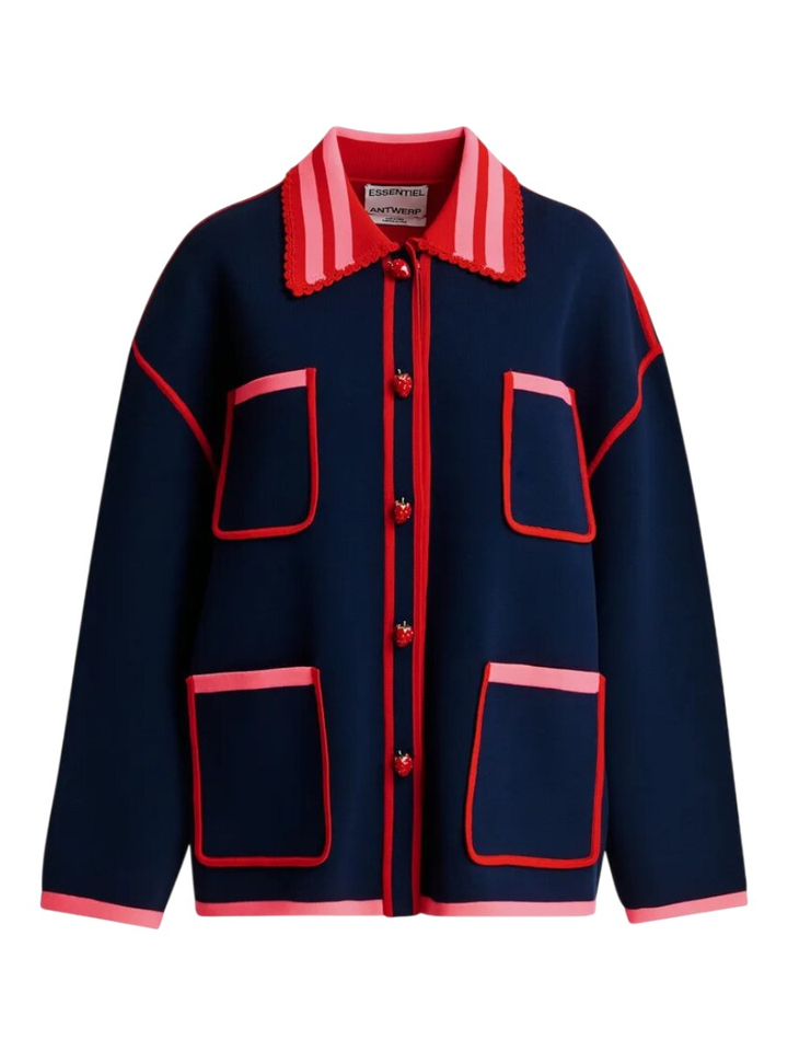 Marineblauwe, rode en roze cardigan met kanten kraag en aardbeivormige knopen Kokorico Essentiel 