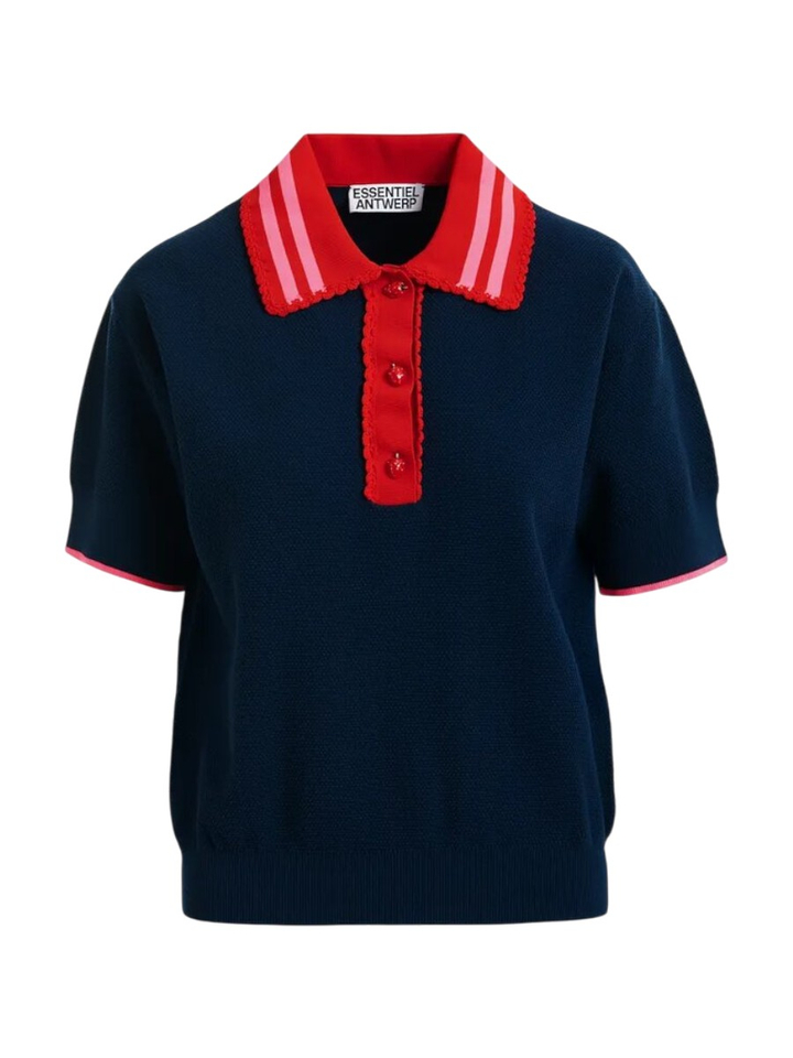 Marineblauwe fijngebreide polo met rood-roze kraag met kanten afwerking en aardbei-vormige knopen Kontrast Essentiel 