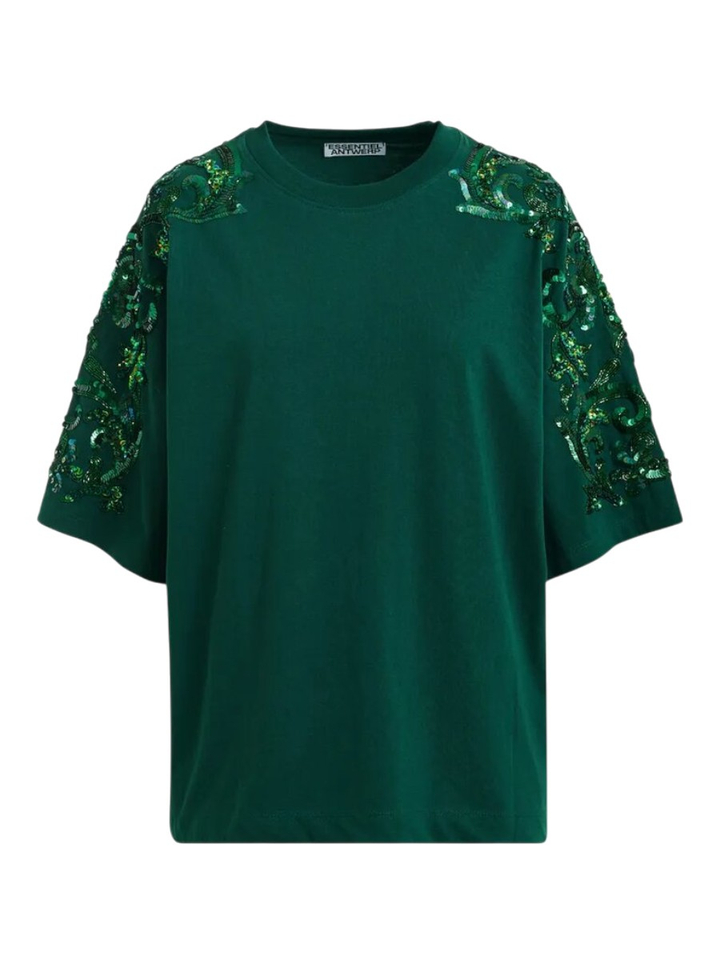 Donkergroen katoenen T-shirt met bloemborduurwerk Kangoo Essentiel 