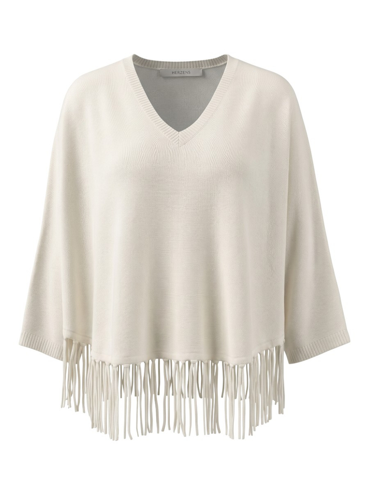 Crèmekleurige poncho met franjes in wol en kasjmier Herzen's