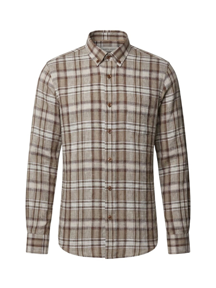 Bruin linnen hemd (regular fit) met ruiten en lange mouwen Martin Maple