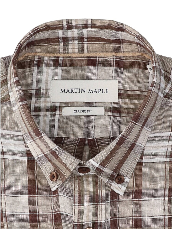 Bruin linnen hemd (regular fit) met ruiten en lange mouwen Martin Maple