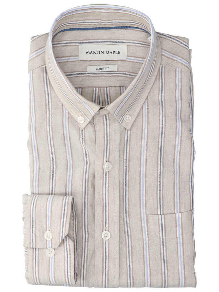 Beige linnen hemd (regular fit) met strepen en lange mouwen Martin Maple 