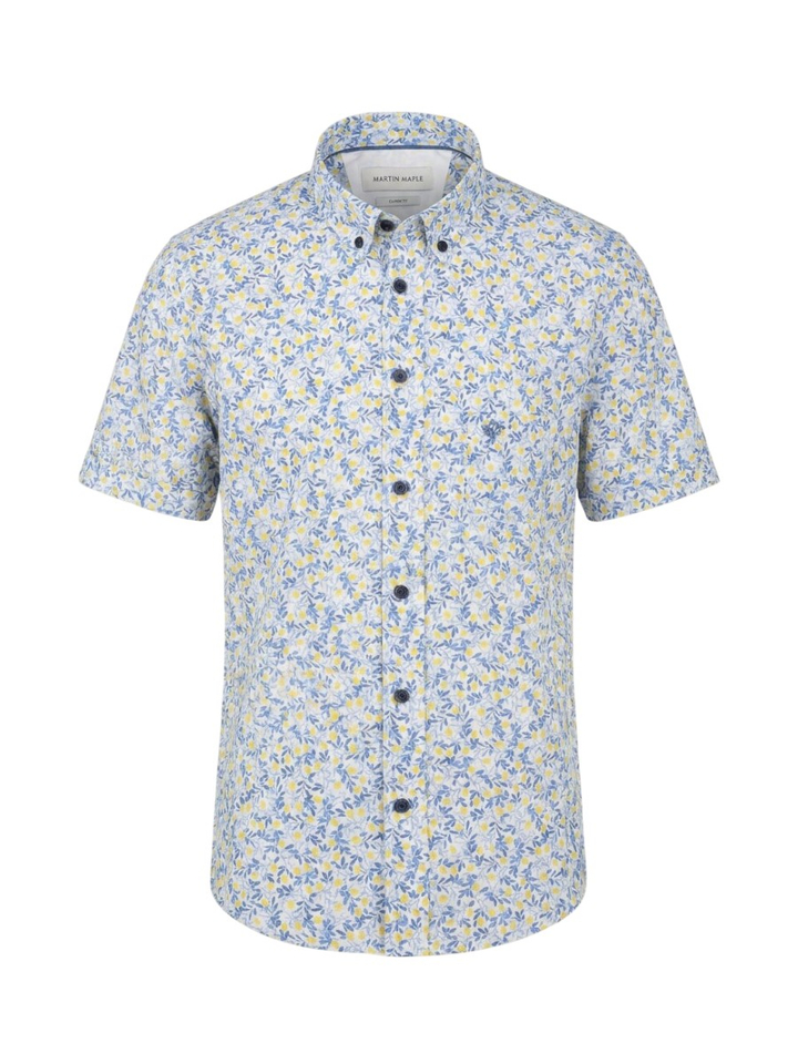 Wit linnen hemd (regular fit) met details van blauw en geel en korte mouwen Martin Maple