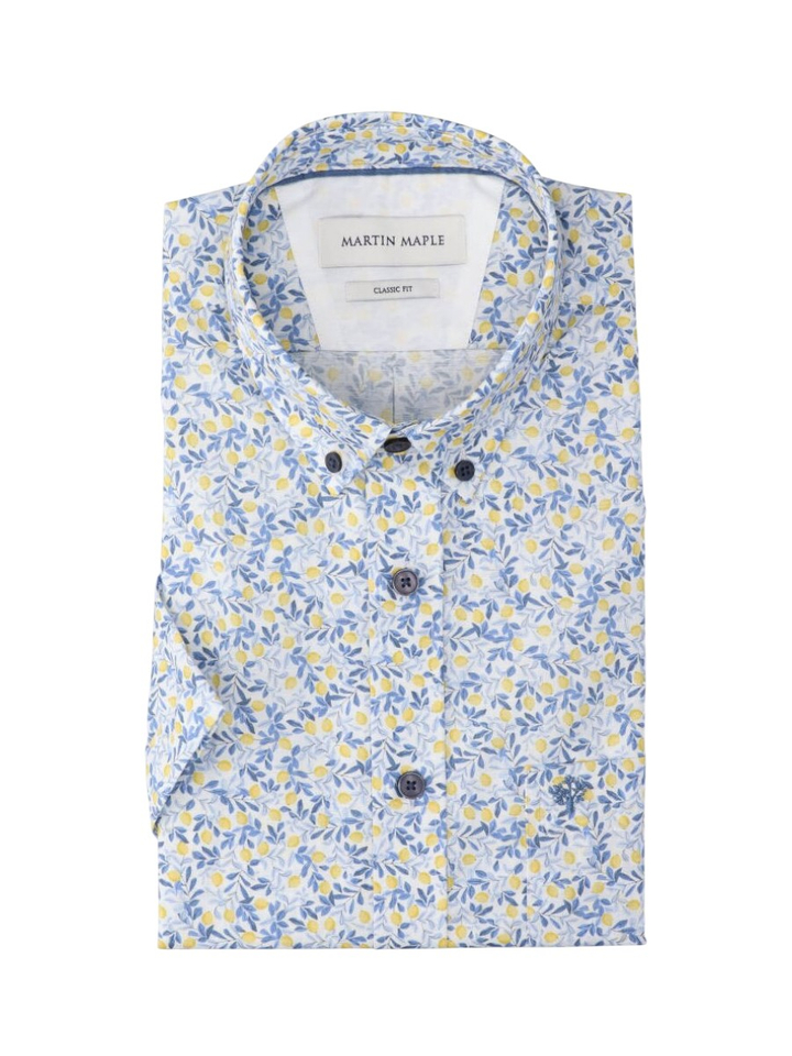Wit linnen hemd (regular fit) met details van blauw en geel en korte mouwen Martin Maple