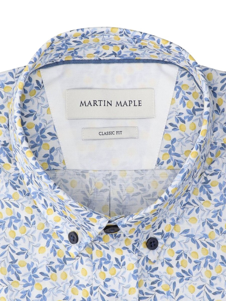 Wit linnen hemd (regular fit) met details van blauw en geel en korte mouwen Martin Maple