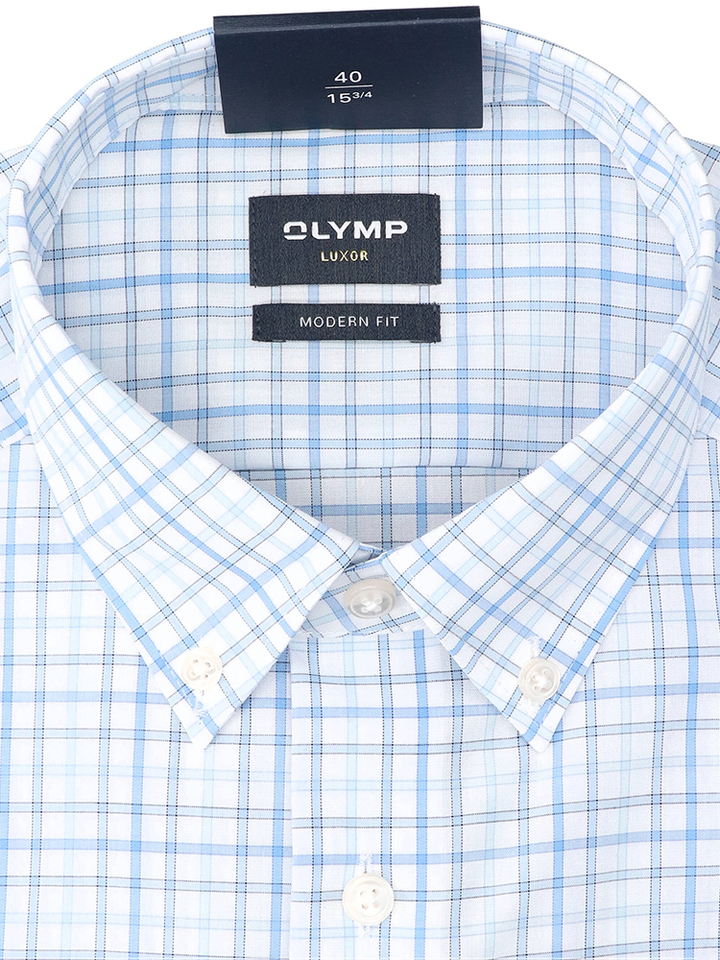 Wit katoenen hemd (modern fit) met ruiten en korte mouwen Olymp 