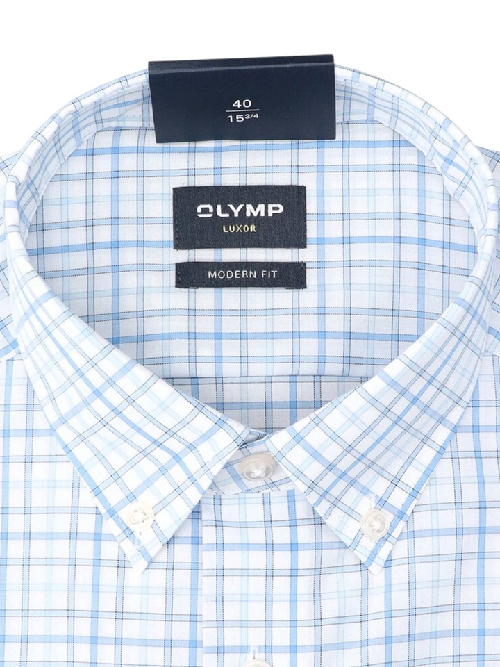 Wit katoenen hemd (modern fit) met ruiten en korte mouwen Olymp 