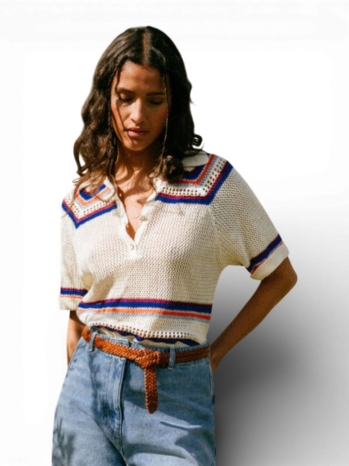 Ecru gehaakte polo met kleur detail Eylin Tinsels 