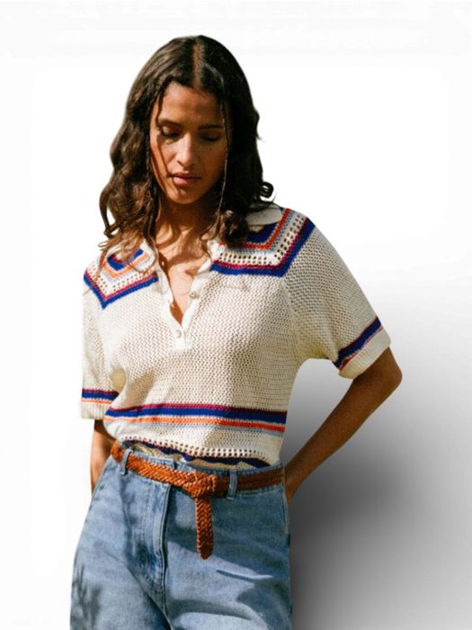 Ecru gehaakte polo met kleur detail Eylin Tinsels