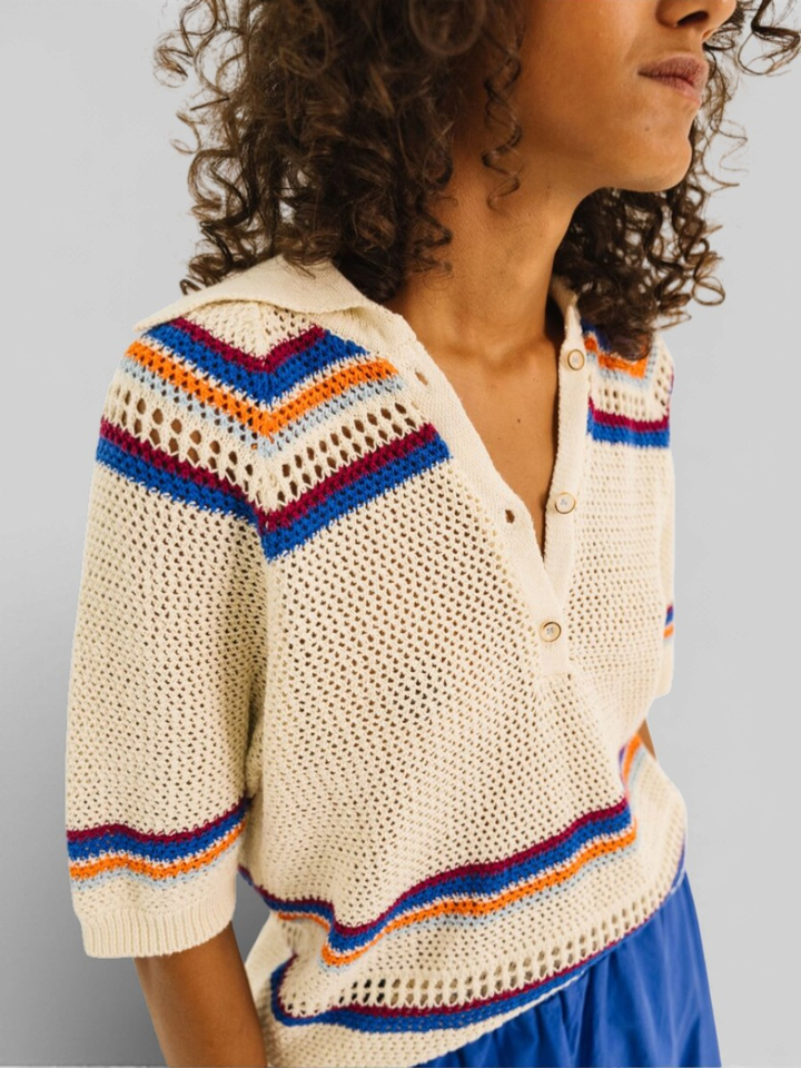 Ecru gehaakte polo met kleur detail Eylin Tinsels 